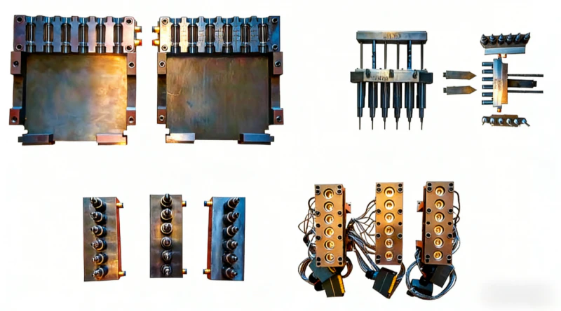 Close-up view of the precision multi-cavity ISBM mold, valve-gate hot runner, and cooling channels