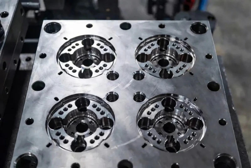 Detailed close-up view of ISBM blow molding mold internal structure showing cooling channels and cavity insert assembly