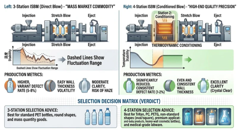 Stability comparison chart between 3-station and 4-station blow molding machines showing temperature and yield consistency