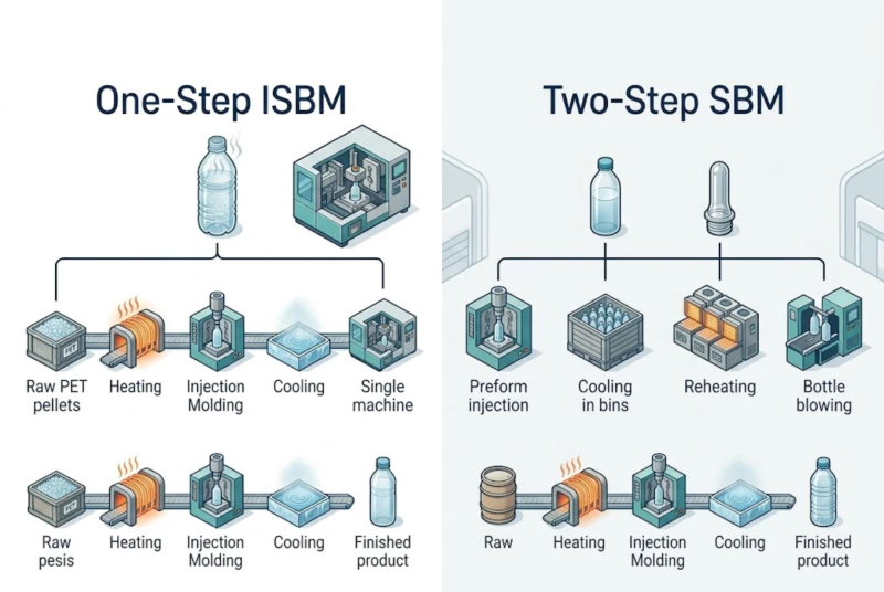 Macro close-up comparison showing Two-Step RSBM bottle with visible haze and micro-scratches versus One-Step ISBM bottle with crystal-clear transparency and zero surface defects, demonstrating biaxial molecular orientation advantages and optical performance of injection stretch blow molding