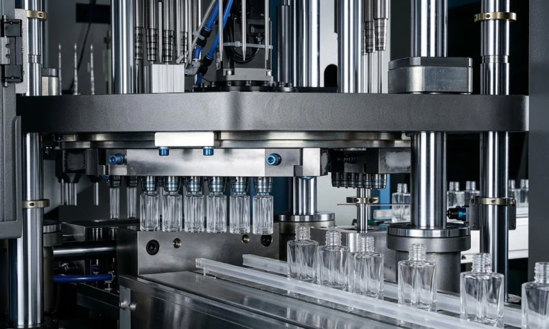 A scene of a one-step injection stretch blow molding machine in operation producing high-clarity bottles for the pet care industry. The enclosed system ensures pristine, scuff-free containers.