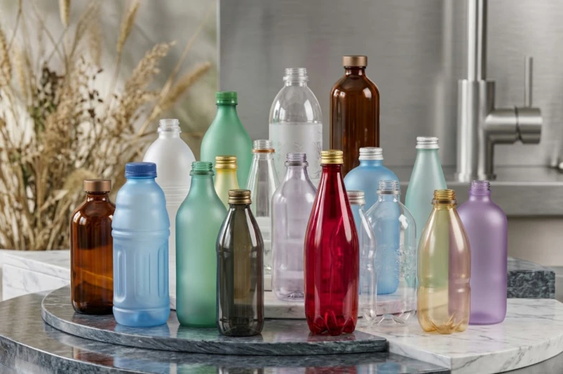 Premium beverage bottle samples produced by a One-Step Injection Stretch Blow Molding Machine — showing crystal-clear PET containers for water, juice, and carbonated soft drinks with zero surface scratches and precision neck finishes.