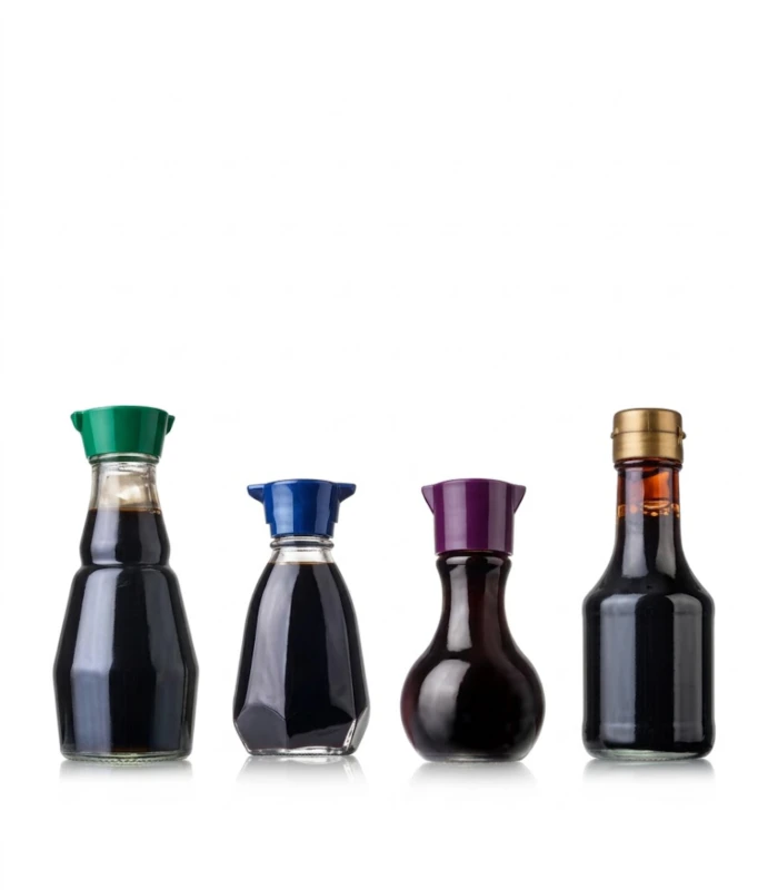 Food and condiment bottle samples produced by One-Step ISBM Machine — crystal-clear PET and PETG containers for edible oil, sauce, honey, vinegar and condiment packaging demonstrating high transparency, food-grade safety and distinctive bottle shapes achievable with injection stretch blow molding technology