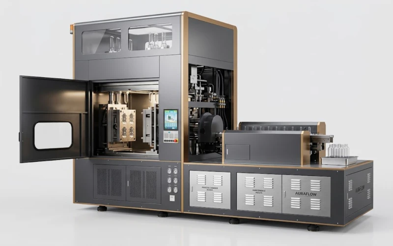 Close-up demonstration of a complex custom mold inside an Injection Stretch Blow Molding machine