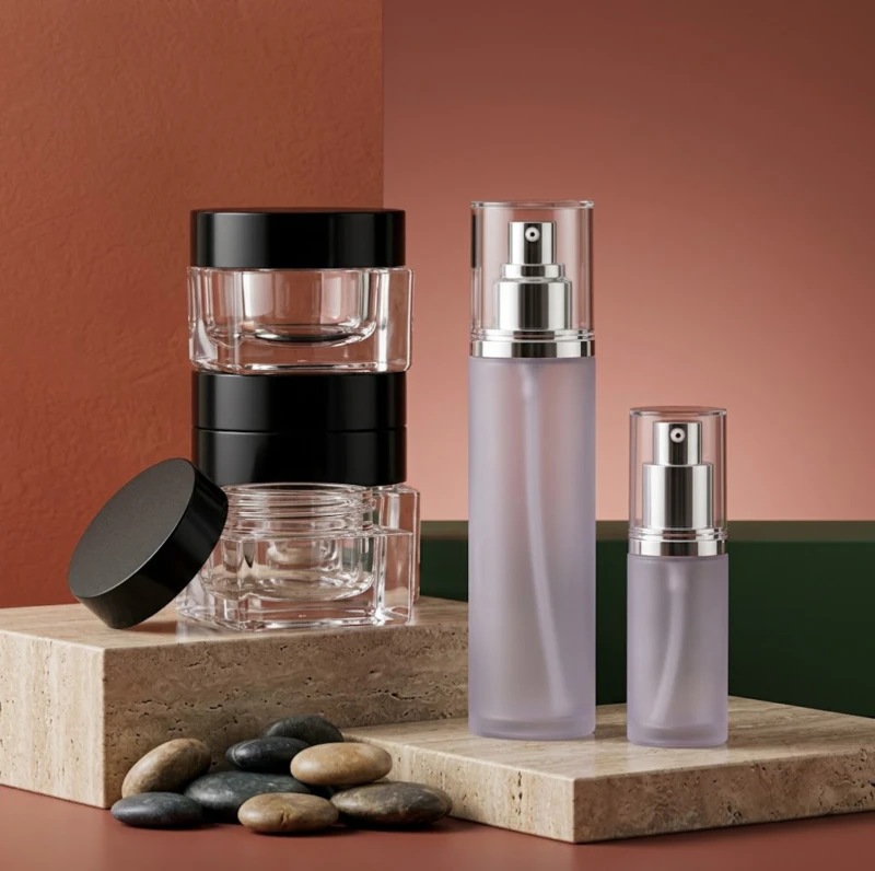 Showcase of luxury cosmetic bottle samples produced by ISBM machines, highlighting material versatility across PETG and Tritan