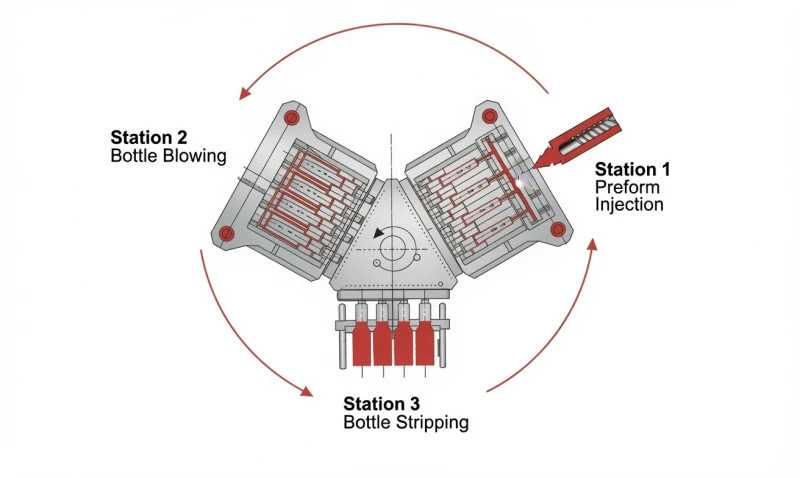 All-electric injection blow molding machine working principle – ZQ60HE servo-driven three-station rotary process with independent servo motors replacing all hydraulic circuits