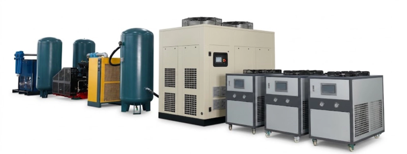 Comprehensive ISBM auxiliary equipment including desiccant resin dryers, chillers, and material dosers.