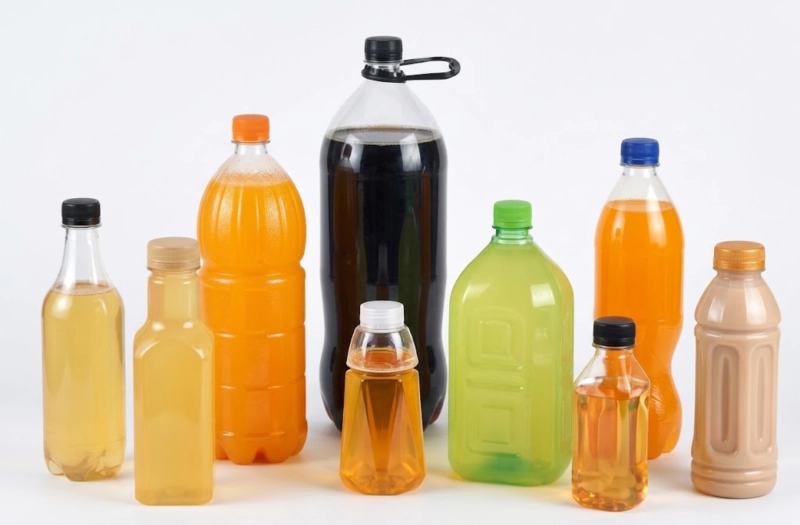 PET water and beverage bottle samples — high-volume one-step stretch blow molding production